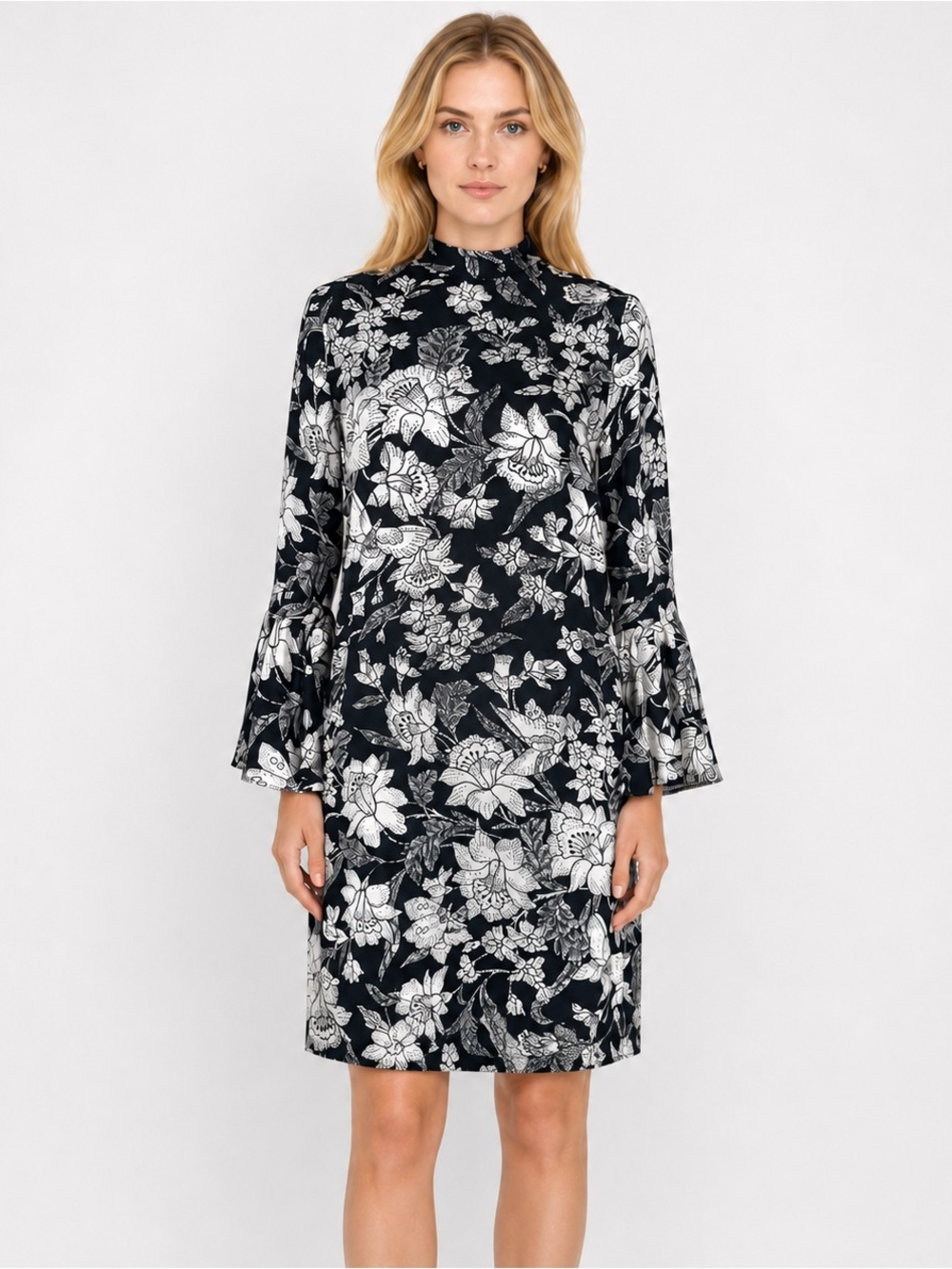 LA DoubleJ Black & White Floral High-Neck Long-Sleeve Dress